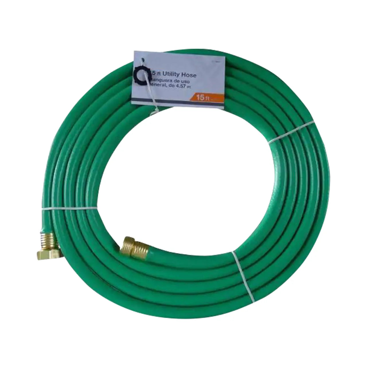 The Go Build 5/8 in. x 15 ft. Light Duty Garden Hose features brass connectors and is secured with white ties and a label—ideal as a leader hose for hose reels or light garden tasks.